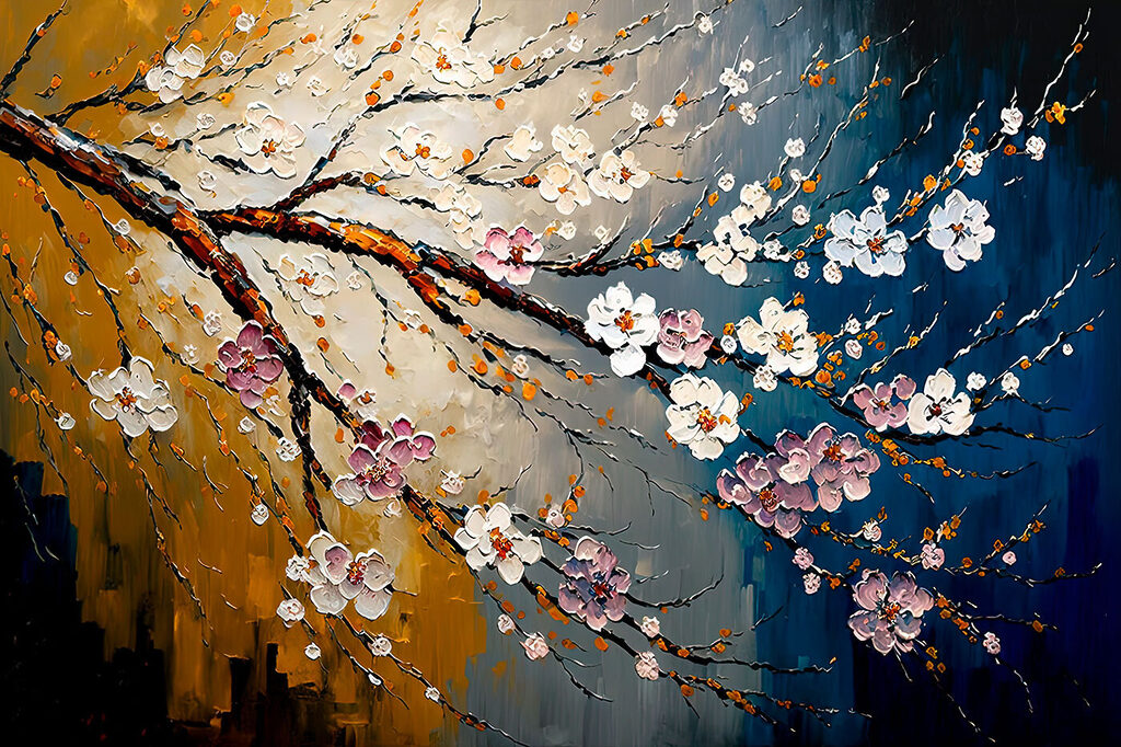 A painting of a tree branch with flowers