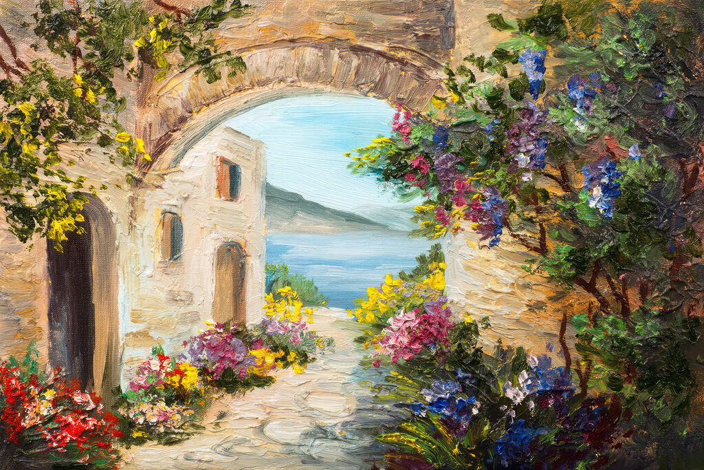 A painting of a stone archway with flowers and a stone path