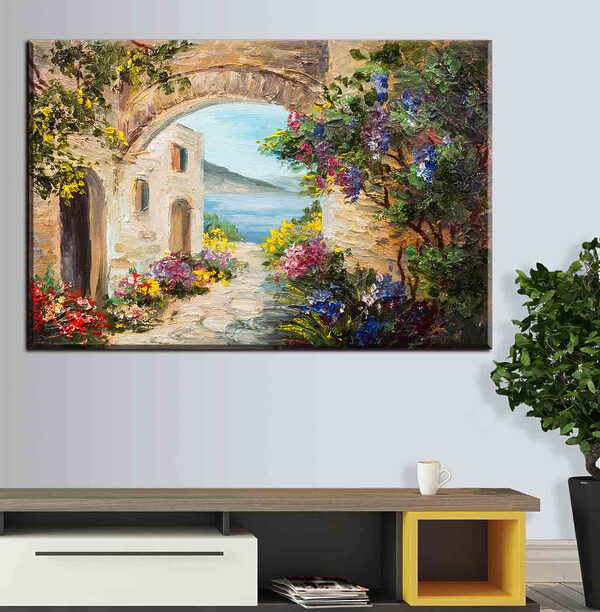 Quadri Quadri Un dipinto raffigurante un arco in pietra con fiori e un sentiero in pietra (COD: s34617)