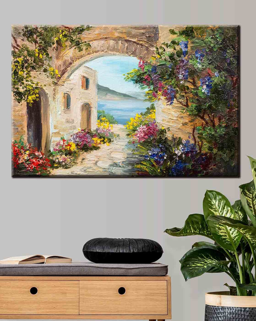 A painting of a stone archway with flowers and a stone path