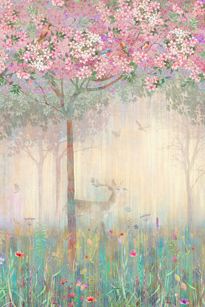A painting of a deer in a field of flowers A painting of a deer in a field of flowers