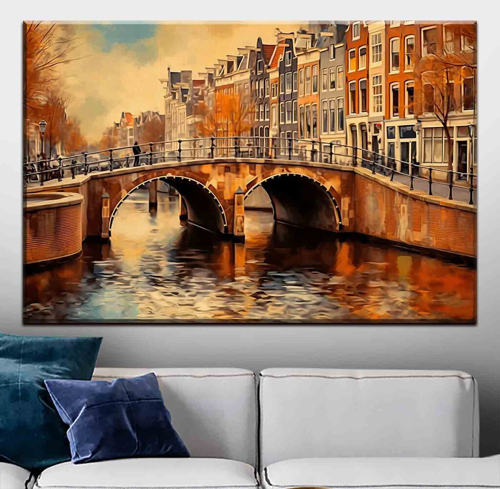 A bridge over a river with buildings in the background