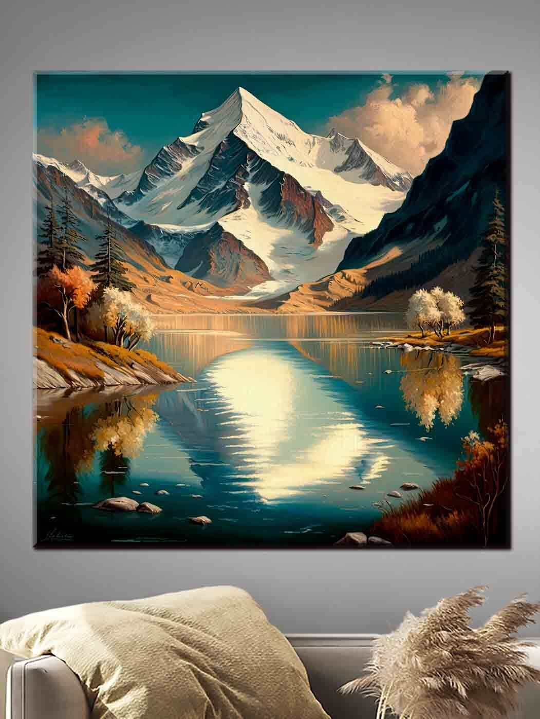 A mountain lake with trees and a snowy mountain