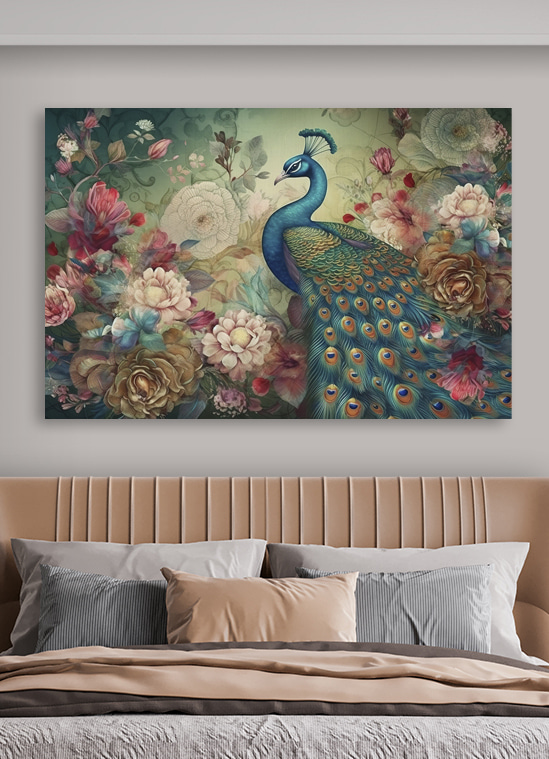 A peacock with flowers and leaves