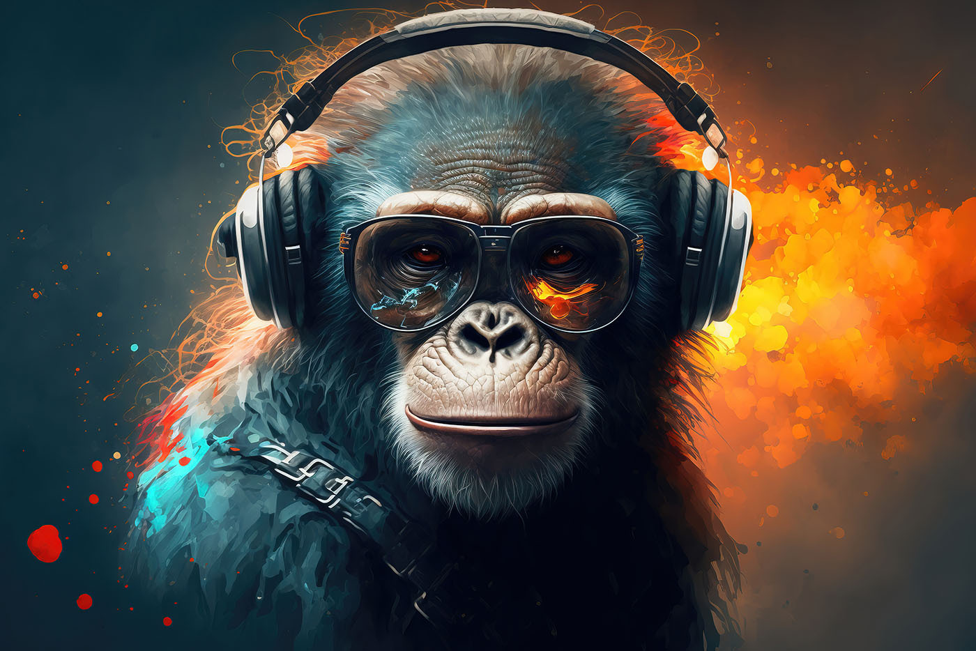 A monkey wearing headphones and sunglasses