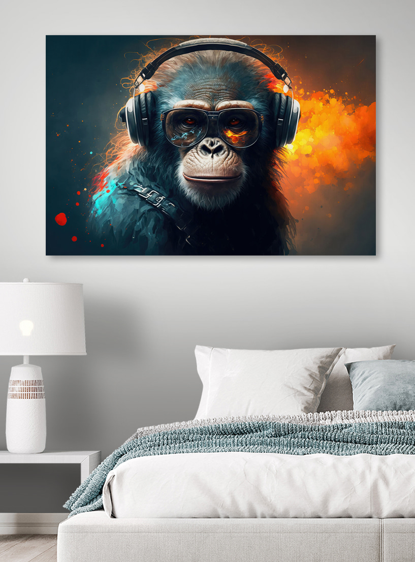 A monkey wearing headphones and sunglasses