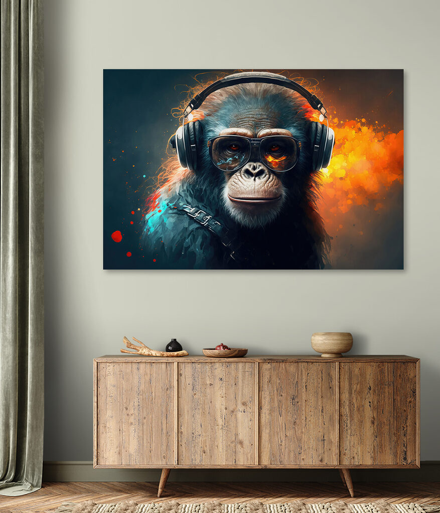 A monkey wearing headphones and sunglasses