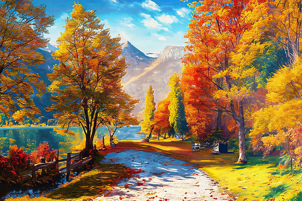 A path with trees and mountains in the background A path with trees and mountains in the background