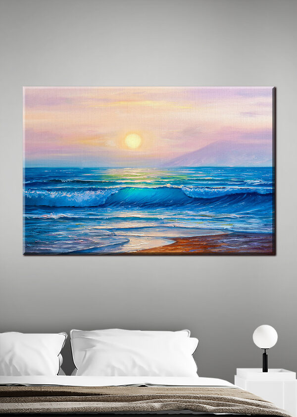Quadri Quadri Un dipinto raffigurante una spiaggia con le onde e un tramonto (COD: s35378)