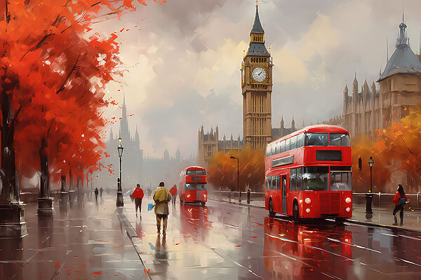 A painting of a city street with a clock tower and double decker bus A painting of a city street with a clock tower and double decker bus