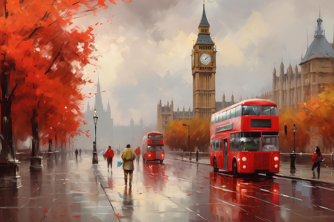 A painting of a city street with a clock tower and double decker bus A painting of a city street with a clock tower and double decker bus