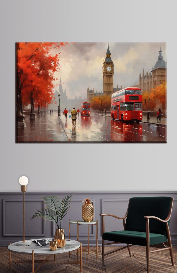 A painting of a city street with a clock tower and double decker bus A painting of a city street with a clock tower and double decker bus