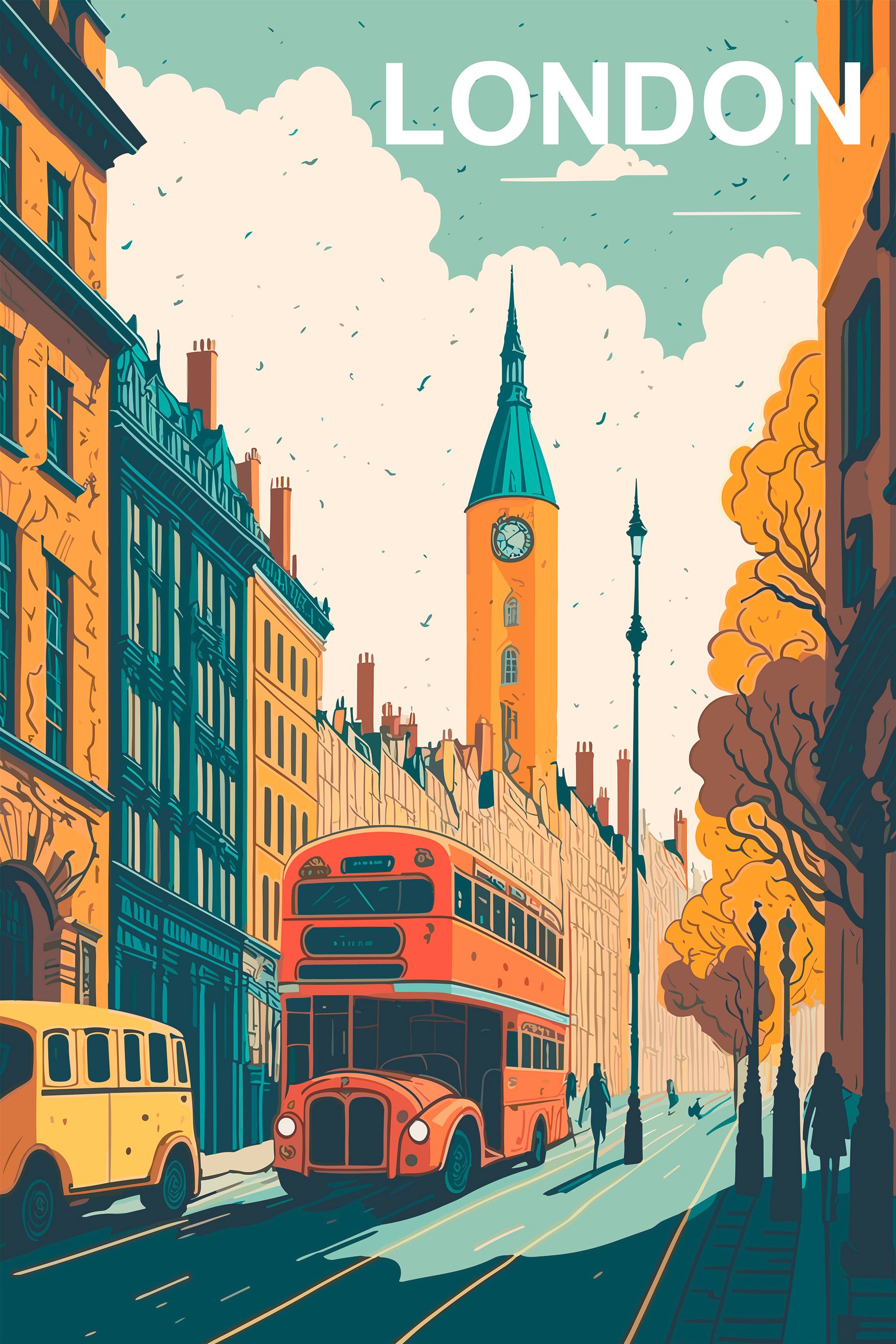 A city street with a bus and a clock tower A city street with a bus and a clock tower