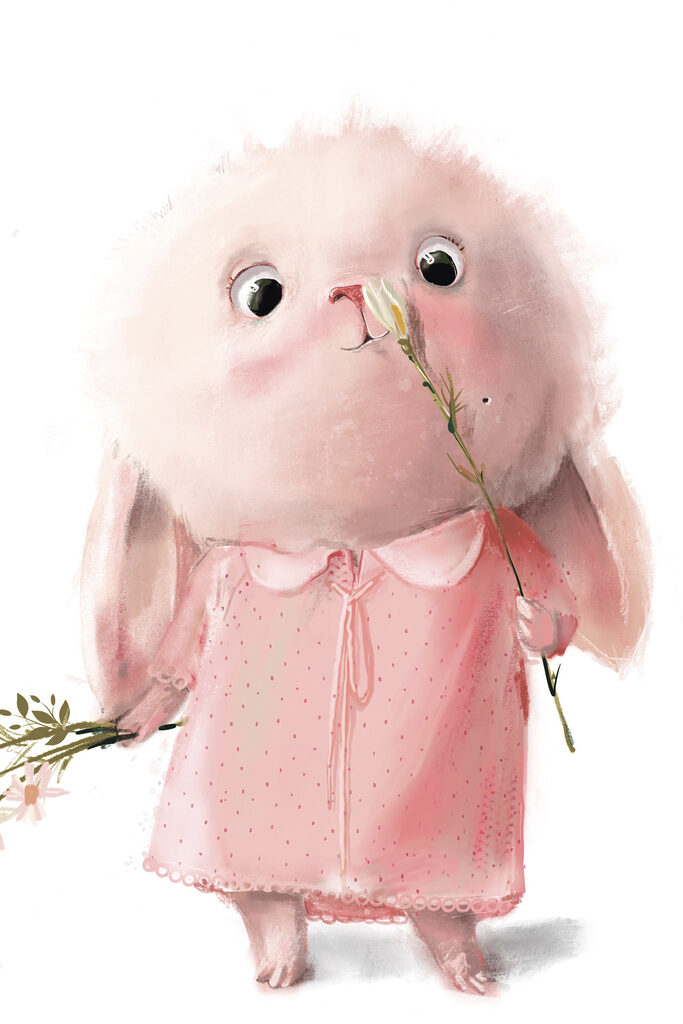 A cartoon of a pink bunny holding a flower A cartoon of a pink bunny holding a flower