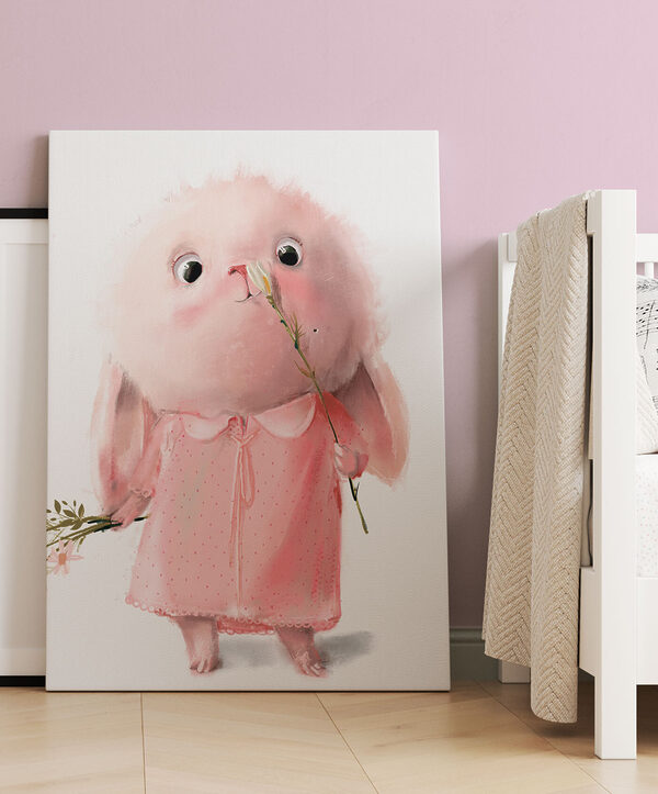 Quadri Una vignetta che raffigura un coniglietto rosa con un fiore in mano