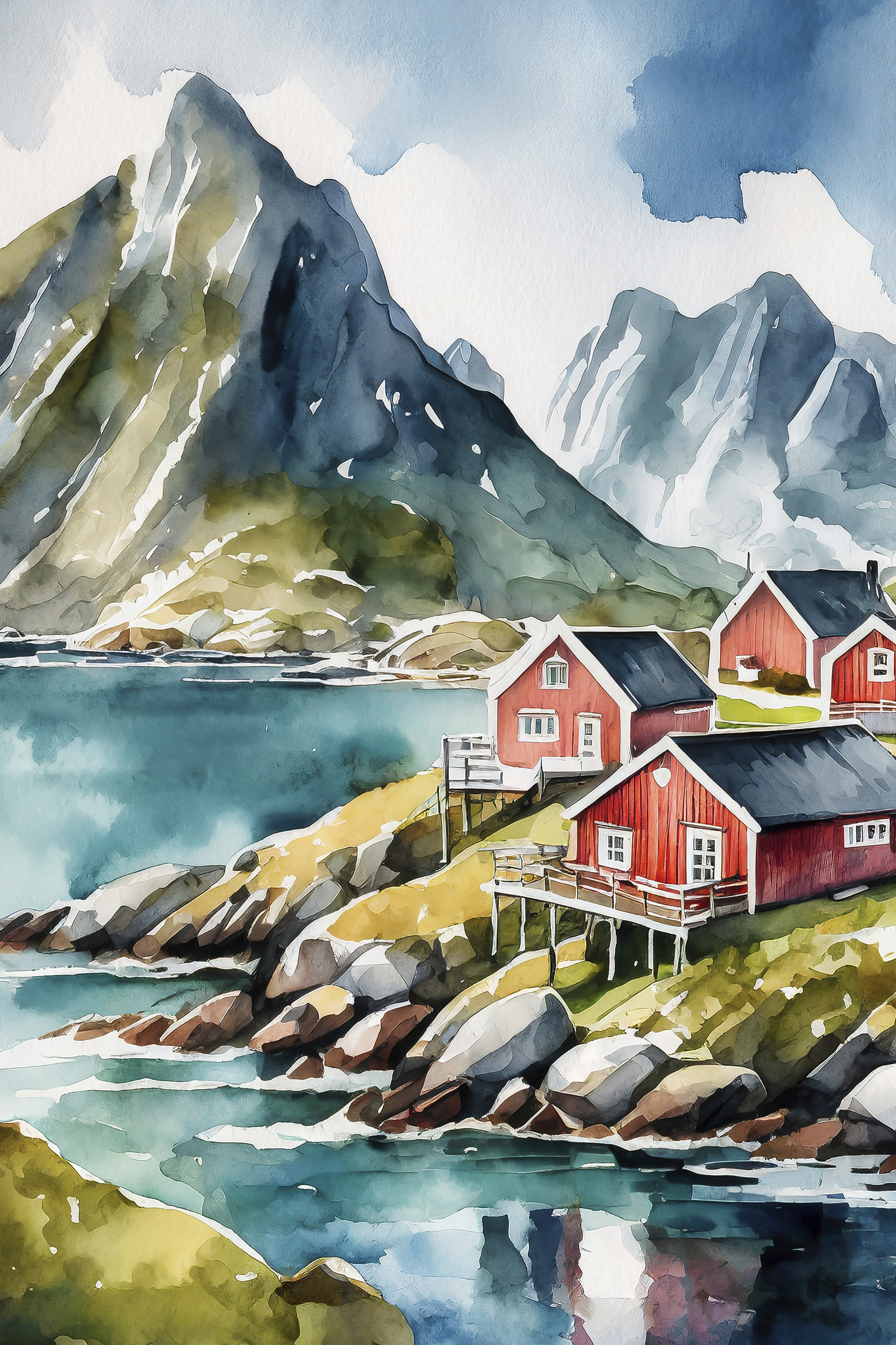 Watercolor painting of houses on a hill by a body of water