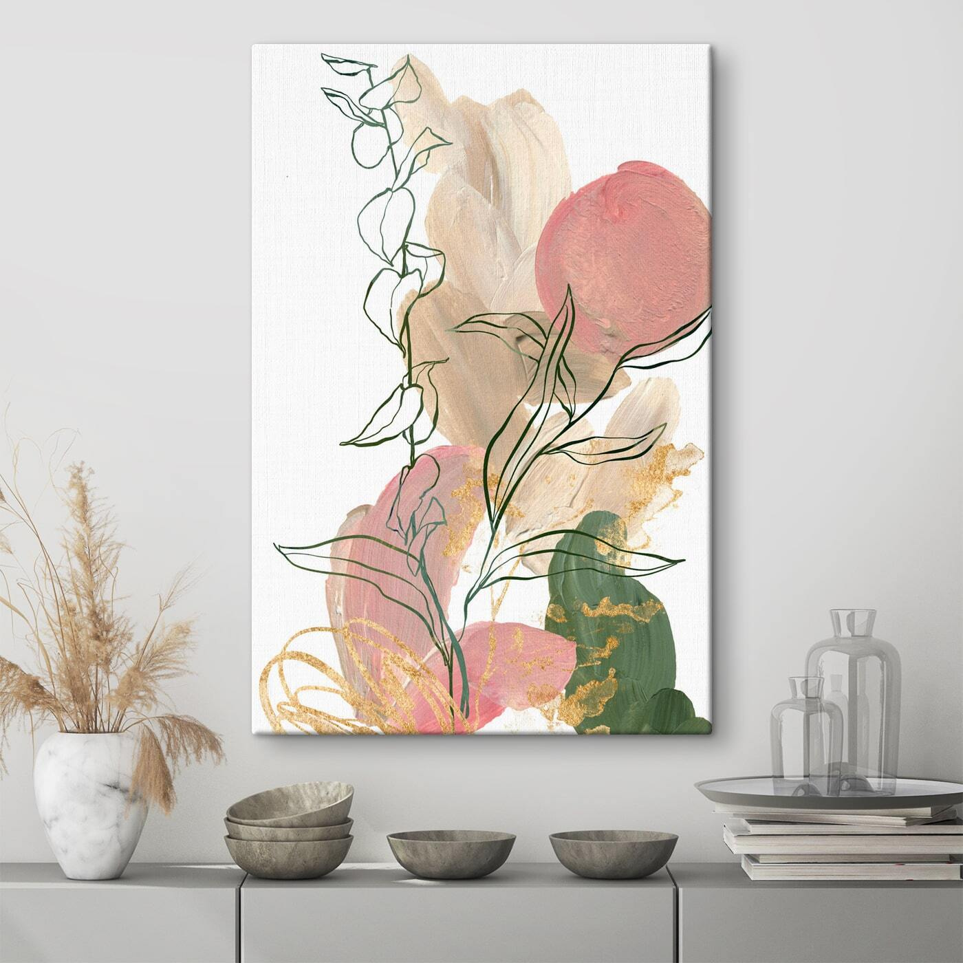 A painting of flowers and leaves