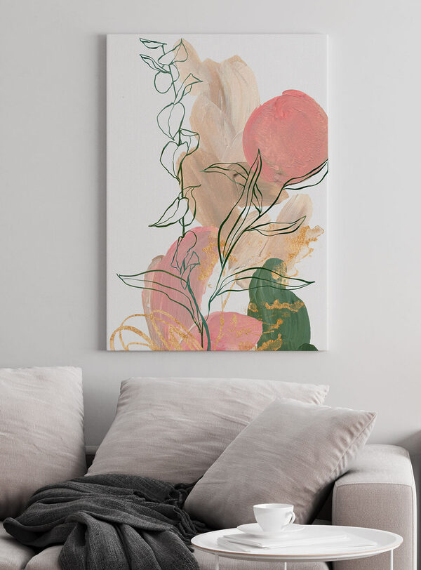 A painting of flowers and leaves