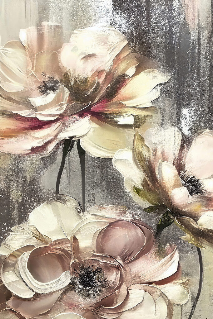 A painting of flowers on a grey background