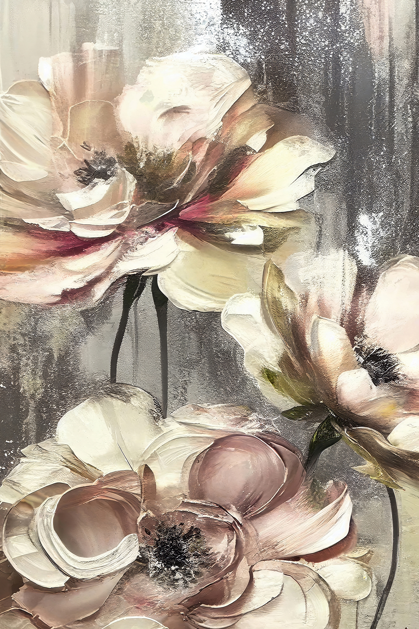 A painting of flowers on a grey background