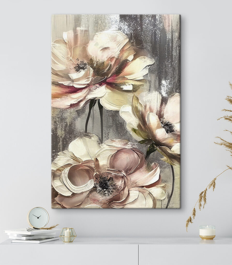 A painting of flowers on a grey background
