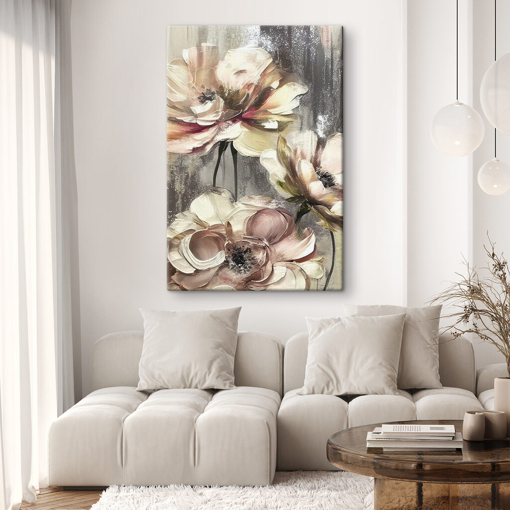 A painting of flowers on a grey background