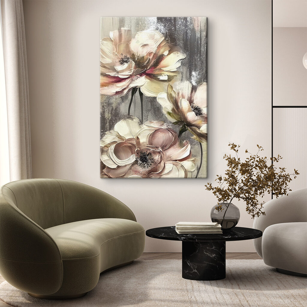 A painting of flowers on a grey background