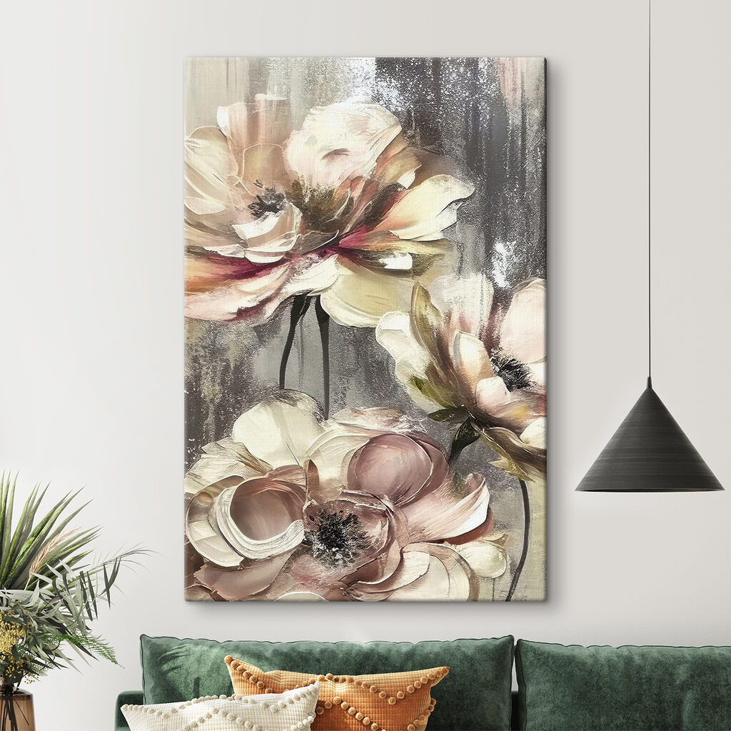 A painting of flowers on a grey background