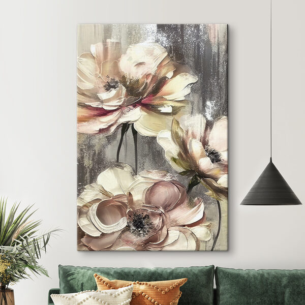 A painting of flowers on a grey background