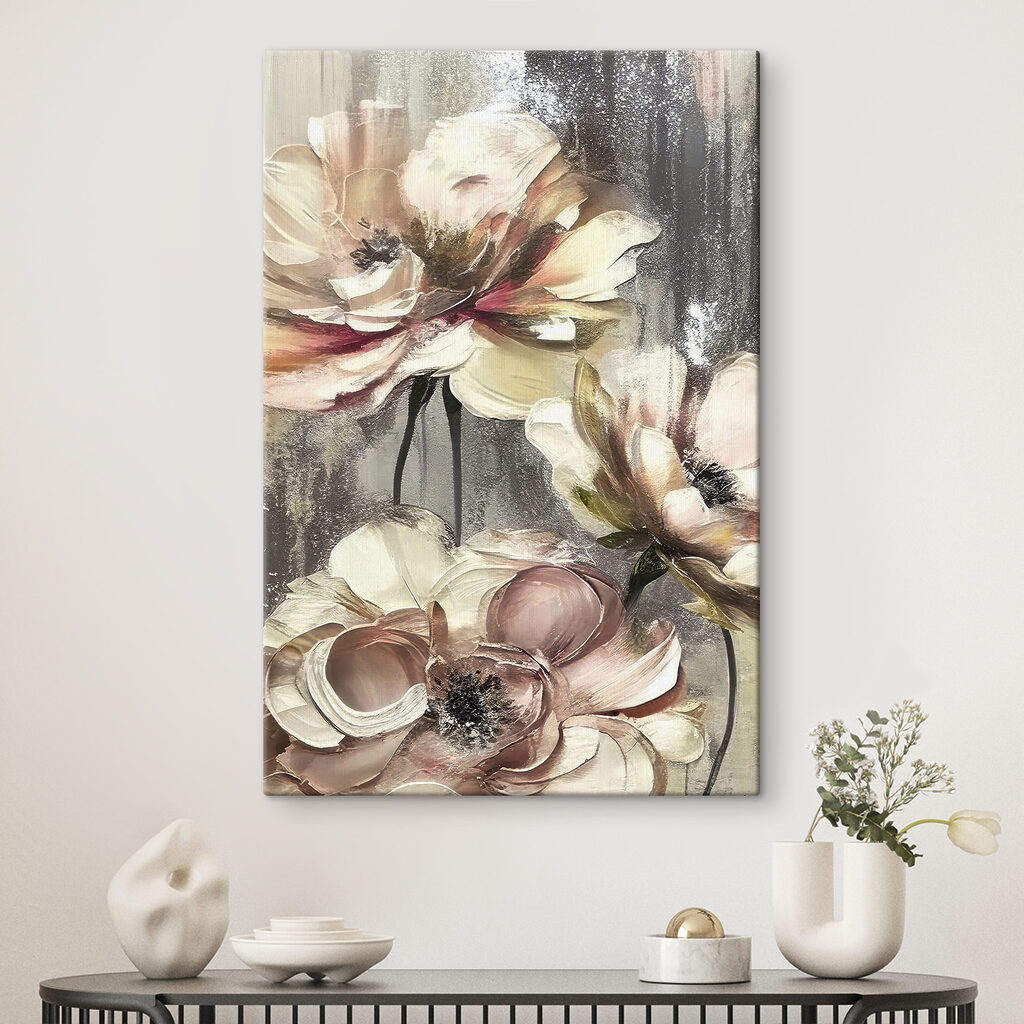 A painting of flowers on a grey background