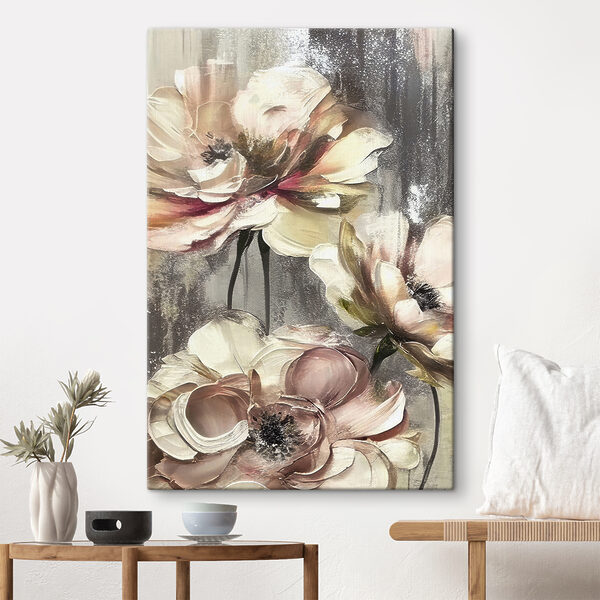 A painting of flowers on a grey background