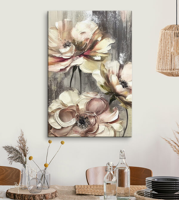 A painting of flowers on a grey background