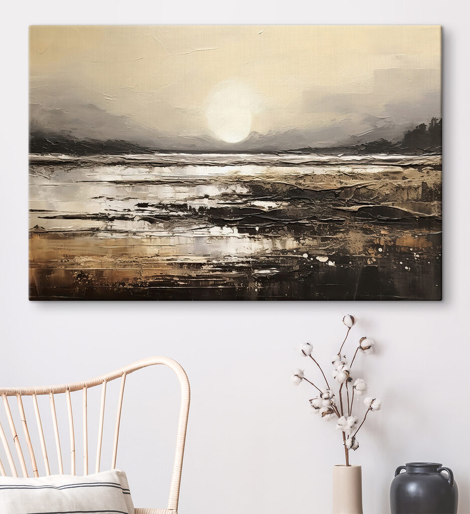A painting of a beach with the sun in the background A painting of a beach with the sun in the background