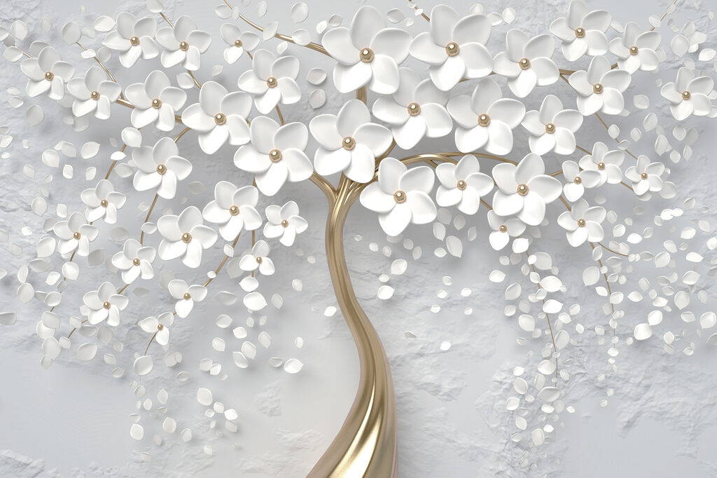 A tree with white flowers and leaves