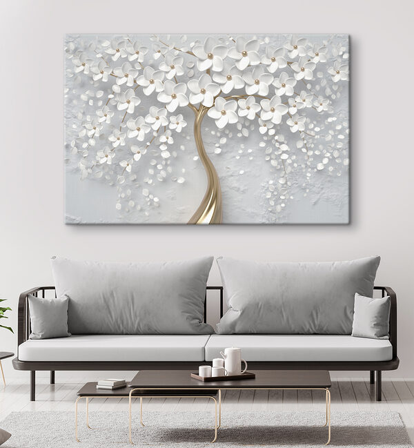 A tree with white flowers and leaves