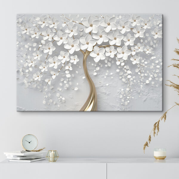 A tree with white flowers and leaves