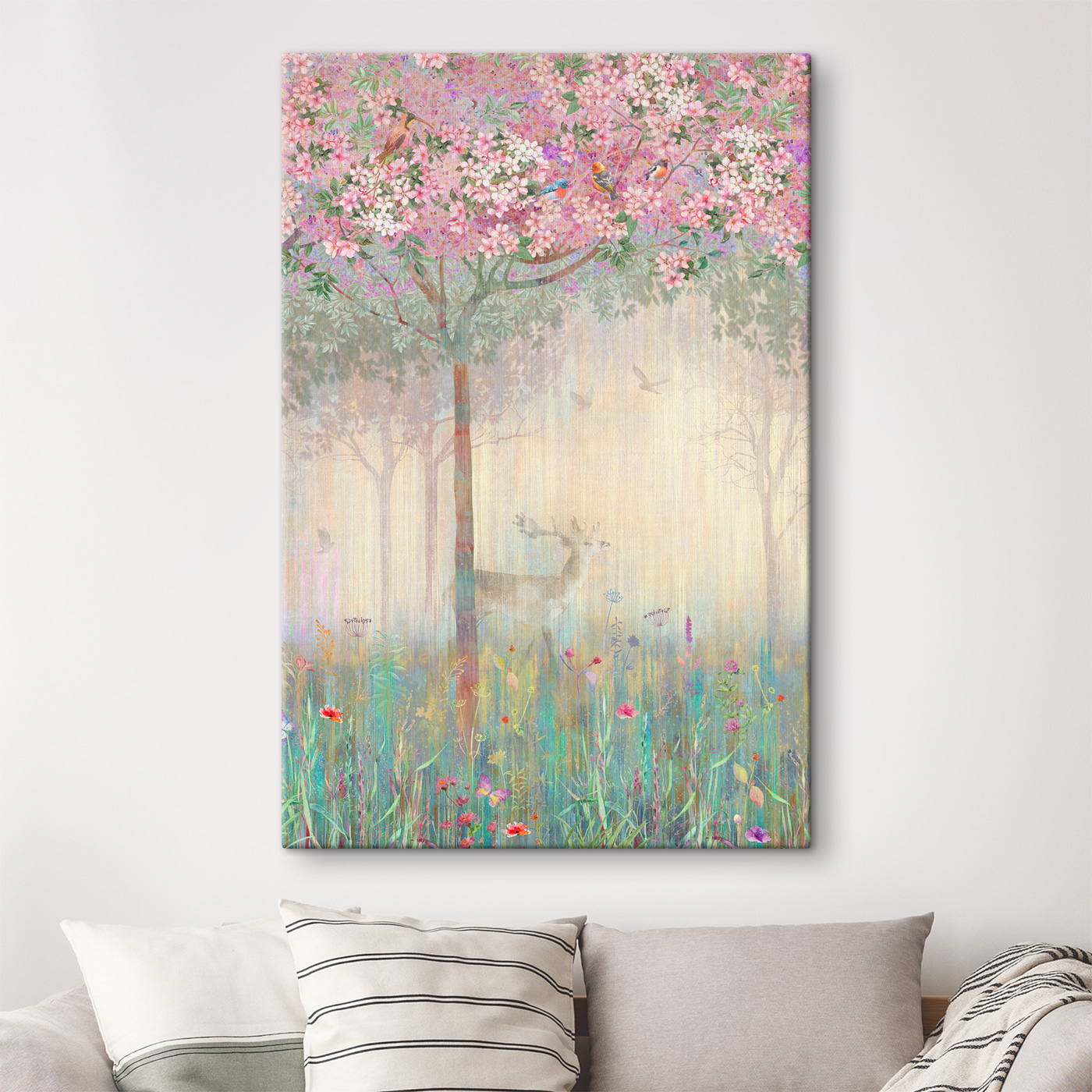 A painting of a deer in a field of flowers A painting of a deer in a field of flowers