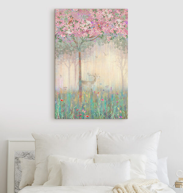 A painting of a deer in a field of flowers A painting of a deer in a field of flowers