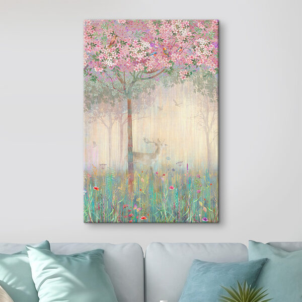 A painting of a deer in a field of flowers A painting of a deer in a field of flowers