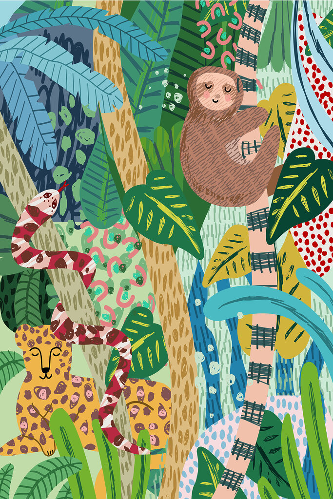 A sloth and snake in a jungle