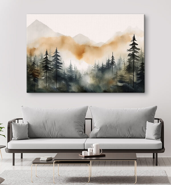 Quadri Quadri Un acquerello raffigurante una foresta con le montagne sullo sfondo (COD: s36008)