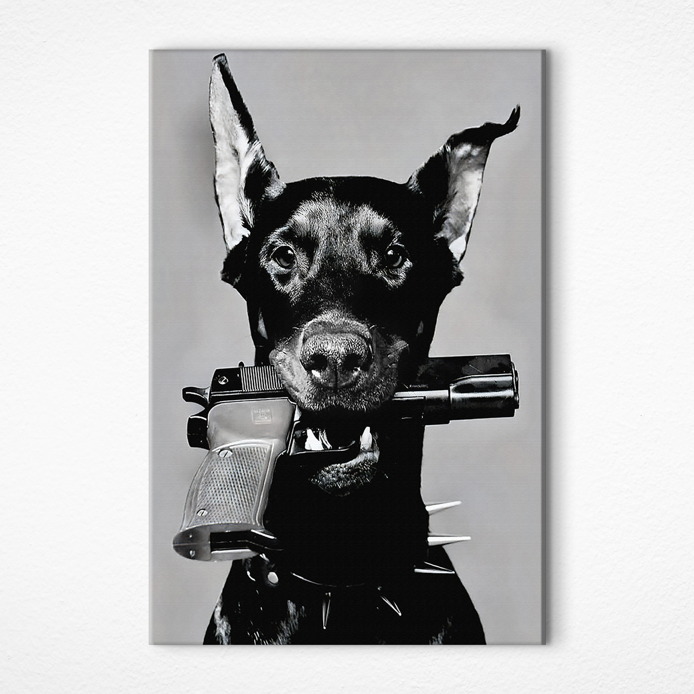 A dog holding a gun A dog holding a gun