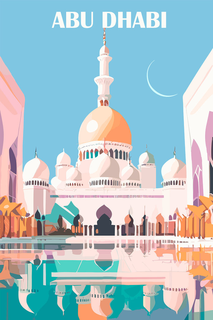 A large building with a dome and a pool with Sheikh Zayed Mosque in the background A large building with a dome and a pool with Sheikh Zayed Mosque in the background