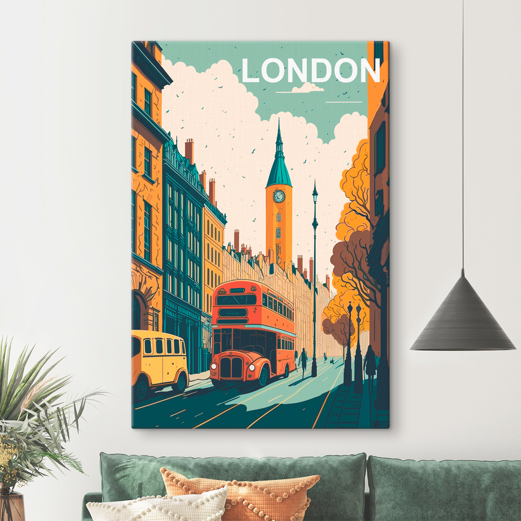 A city street with a bus and a clock tower A city street with a bus and a clock tower