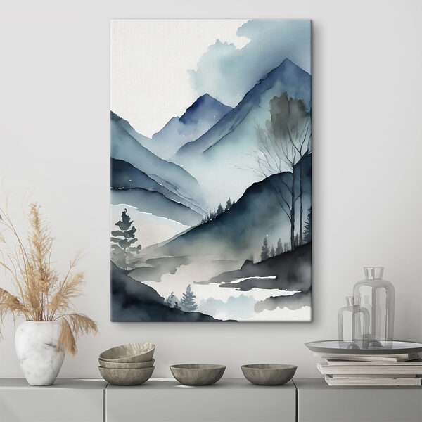 Quadri Quadri Acquerello raffigurante una catena montuosa con alberi e nebbia (COD: s36495)