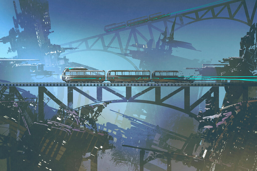 A train on a bridge over a city A train on a bridge over a city