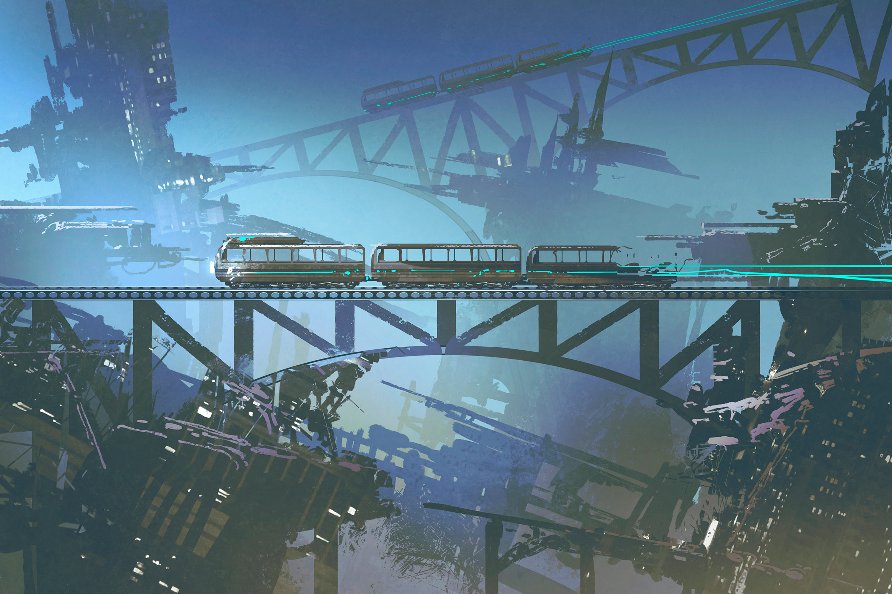 A train on a bridge over a city A train on a bridge over a city