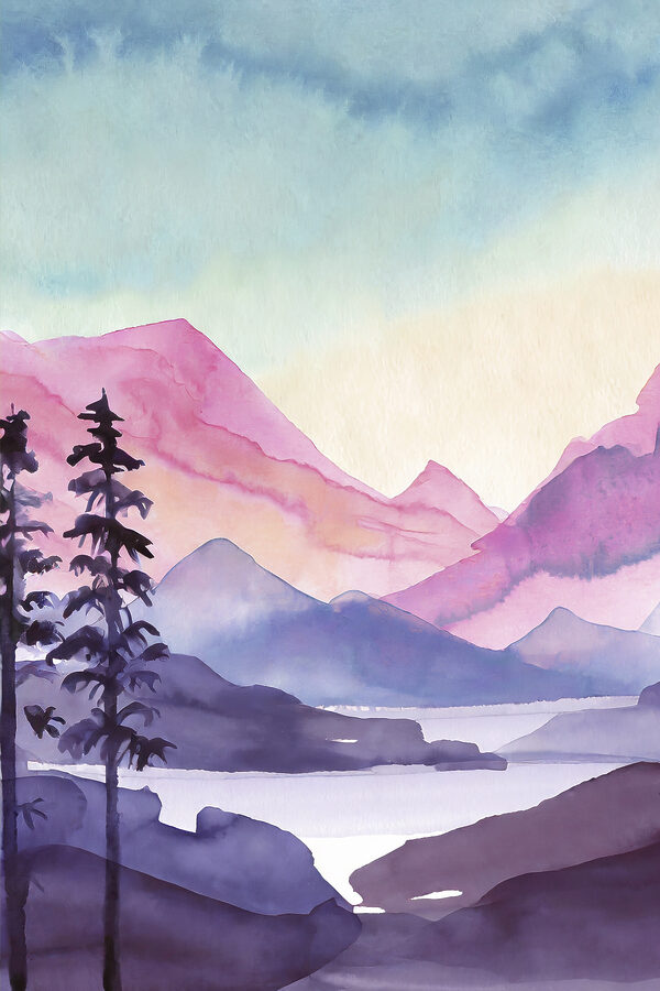Watercolor painting of mountains and trees