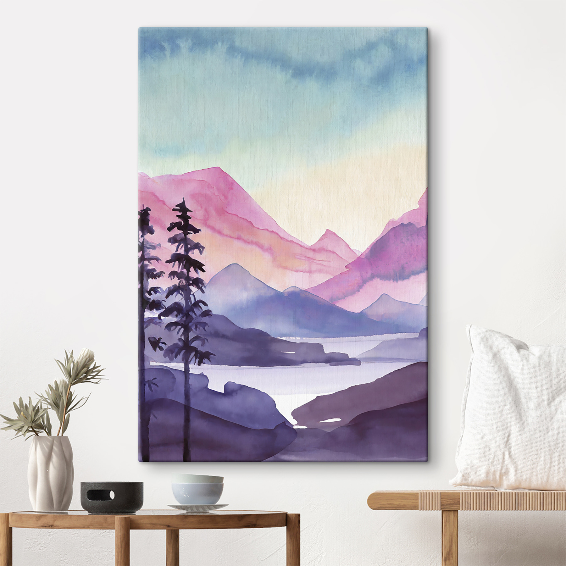 Watercolor painting of mountains and trees