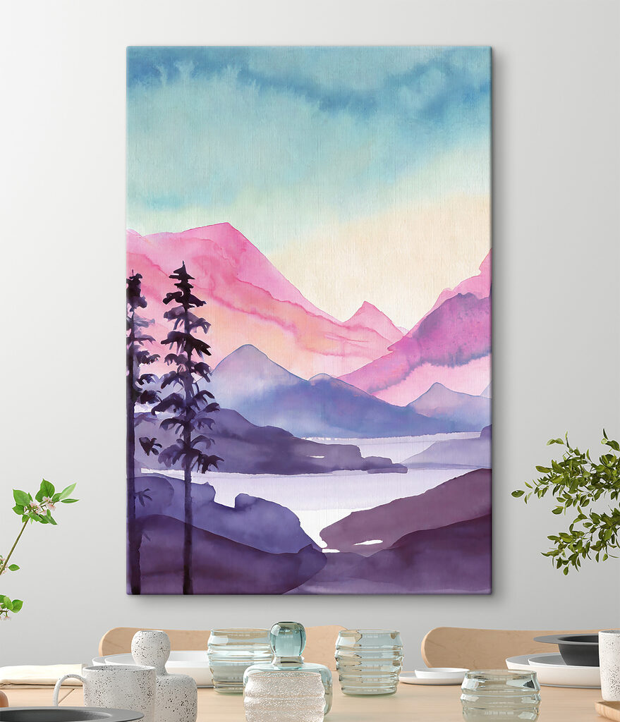 Watercolor painting of mountains and trees